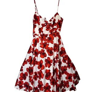 MILLY Red Poppy Floral Cotton Fit and Flare Midi Sundress Size 6 Sweetheart Knot